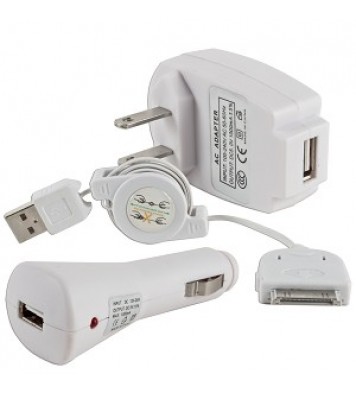 3-in-1 USB Car/Travel Charger for iPod, iPhone, PDAs, MP3