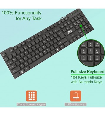 BTO USB Wired Keyboard, 104 Keys with Numeric Pad, Anti Spill and Dust Proof
