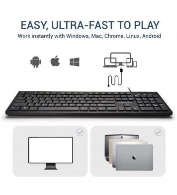 Plug Play USB Wired Keyboard, Low Profile Chiclet Keys, Large Number Pad